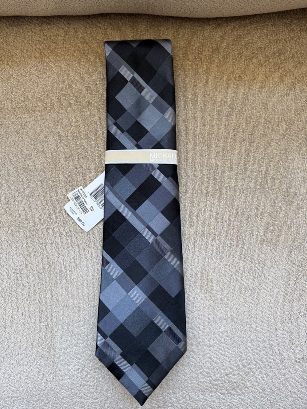 Michael Kors Black and Gray Plaid Silk-Blend Tie, never worn, w/tags